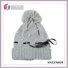 2015 últimas mujeres cálidas Pearl Bow Knit Hat Fur Ball lana Cap